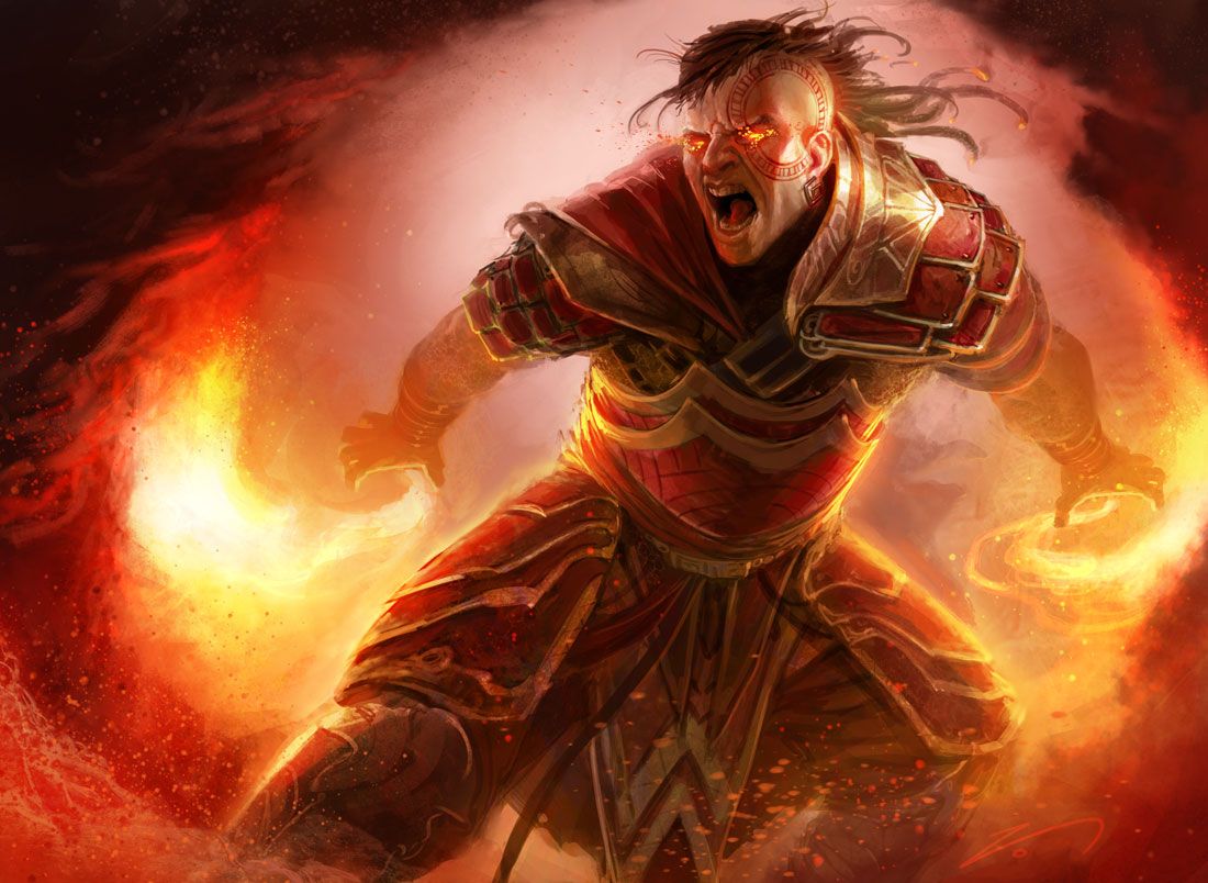 5e Sorcerer with a brand on his face conjuring flames around himself