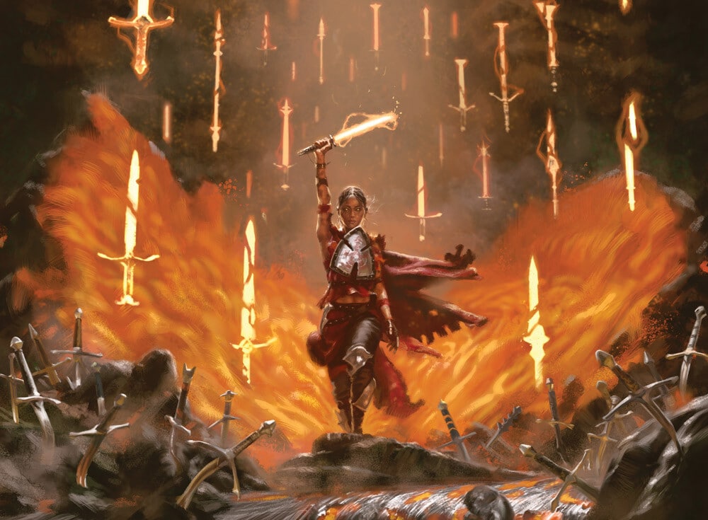 An adventurer lights their sword on fire using the Embers of the Fire Giant feat.