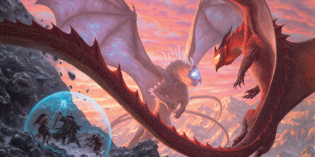 Fizban the Fabulous protects a group of innocents as a crystal dragon and a red dragon clash in the sky.