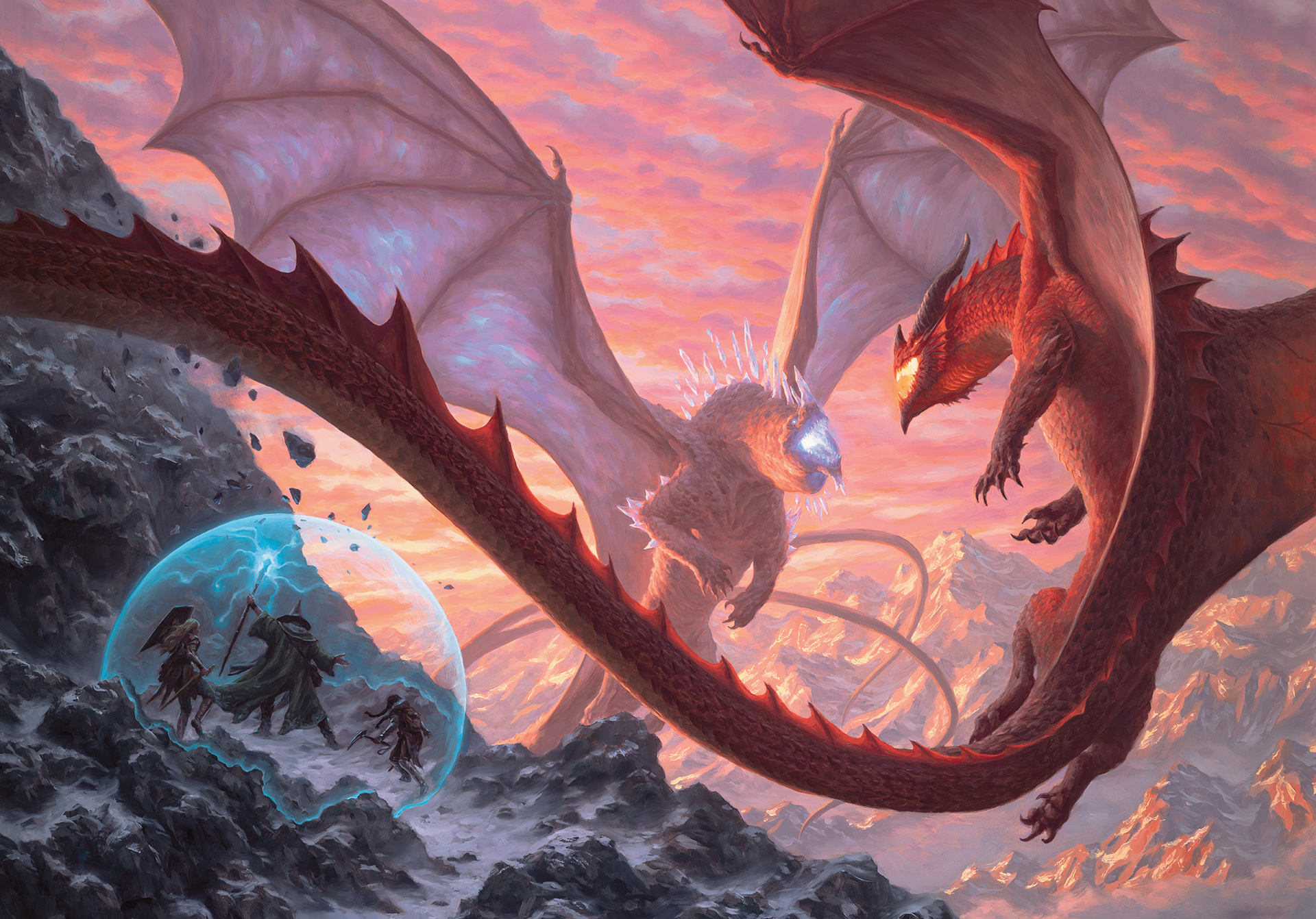 Fizban the Fabulous protects a group of innocents as a crystal dragon and a red dragon clash in the sky.