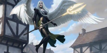 A celestial warlock with angelic wings and a glowing scepter flies above a town.