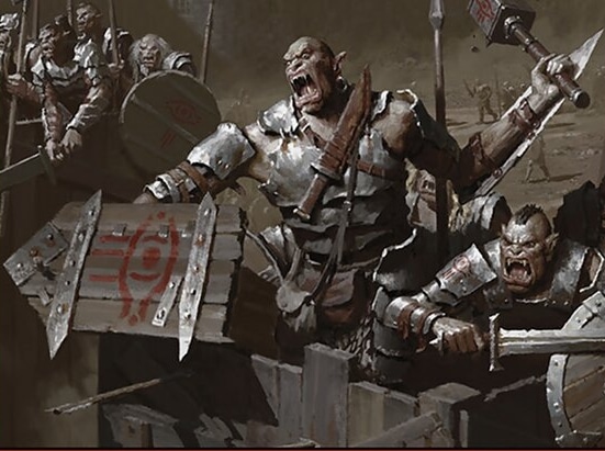 A half-orc winds up for a strike with their warhammer