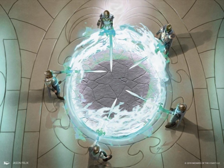 a group of 5 knights cast a ritual within a circle of silver flame