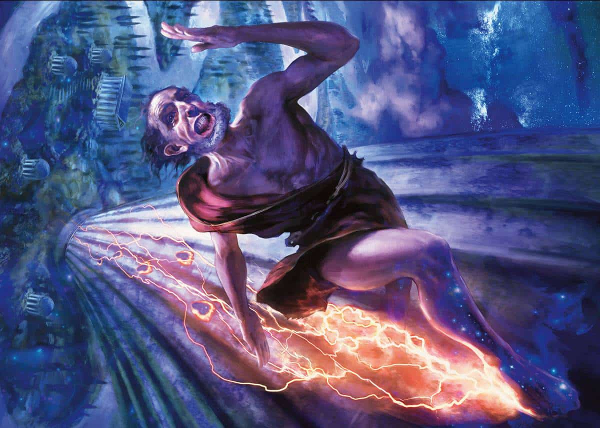 A wizard sprinting up a column with lightning on his heels
