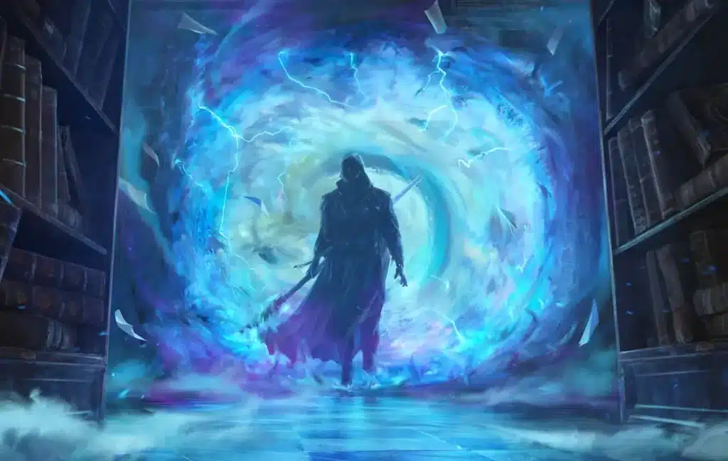 An adventurer stepping through a blue, interdimensional portal